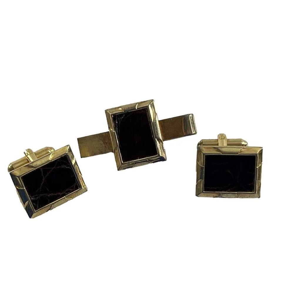 Vintage Wales Cuff Links Tie Tack Metal Textured Gold Tone Squared Leather Set